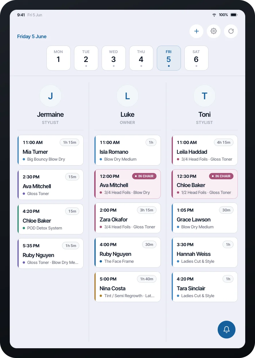 Day schedule with a column per stylist, colour-coded services and clients marked as in chair
