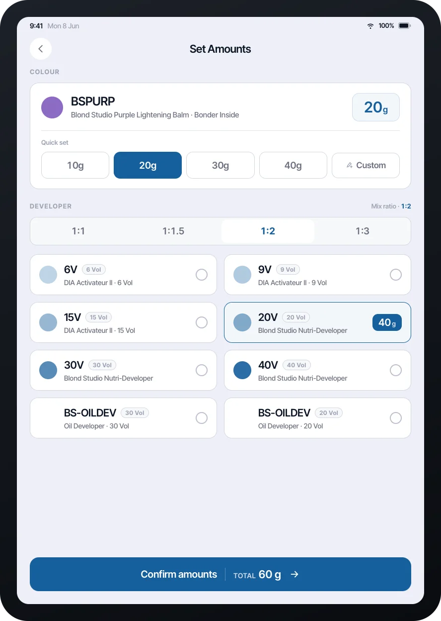 Set Amounts: 20 g of BSPURP at a 1:2 ratio, with 40 g of 20 Vol developer computed and a 60 g total